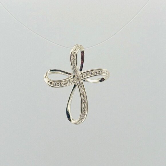 Estate Sterling Silver 925 Cross Pendant Pave CZ Crystals Loop Design No Chain - Picture 1 of 9